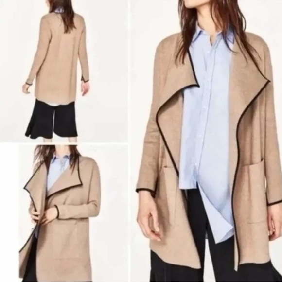 Zara Knit Waterfall Open Cardigan Size: Medium | Color: Tan with Black Trim* - Picture 1 of 6